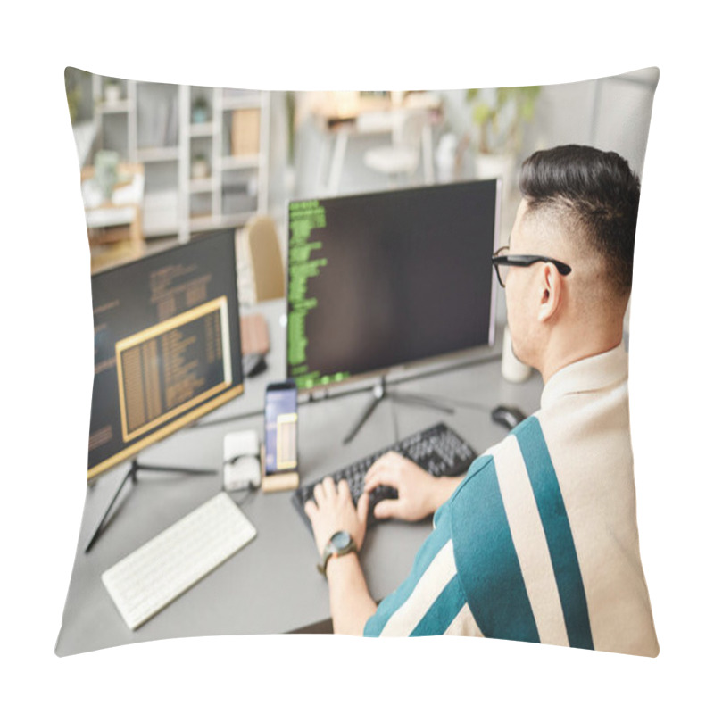 Personality  High Angle View At Asian IT Developer Typing On Keyboard With Programming Code On Computer Screen While Working In Office Interior, Copy Space Pillow Covers