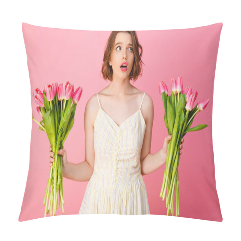 Personality  Portrait Of Confused Woman With Bouquets Of Tulips Isolated On Pink Pillow Covers