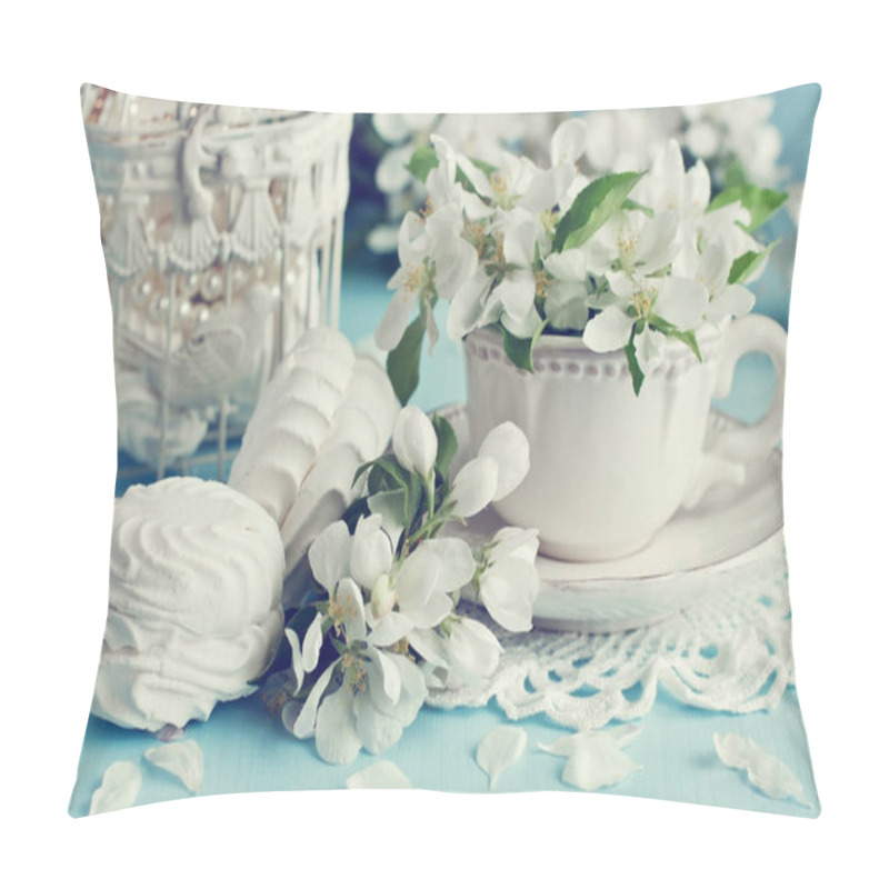 Personality  Romantic Composition With Tea Cup, Zephyr And Apple Flowers   Pillow Covers