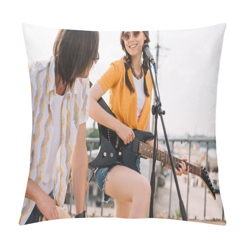 Personality  Young And Happy Couple Of Street Musicians With Guitar And Djembe In City Pillow Covers