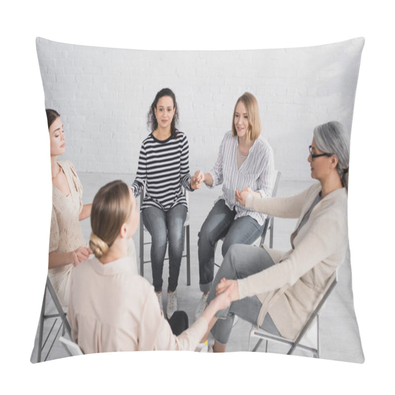 Personality  Happy Multicultural Women Smiling And Holding Hands During Seminar  Pillow Covers