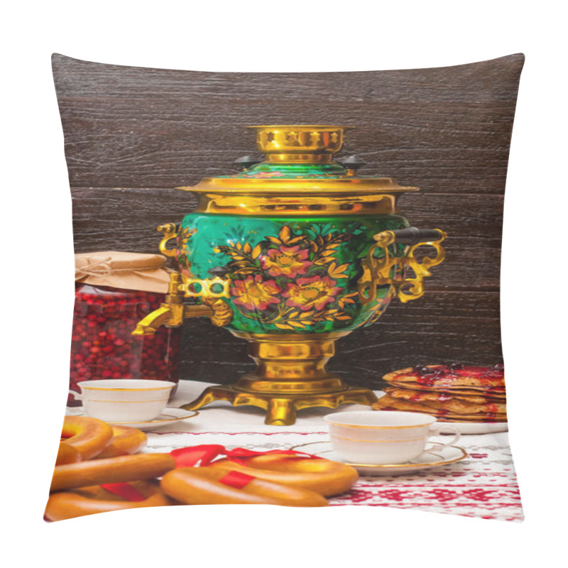 Personality  Vertical Photo On A Dark Background. Copper Samovar With A Traditional Pattern. Bagels On A Red Ribbon Hang On The Samovar And Next To Pancakes. Russian Tea Ceremony. Two Cups On A Folk Tablecloth. Pillow Covers