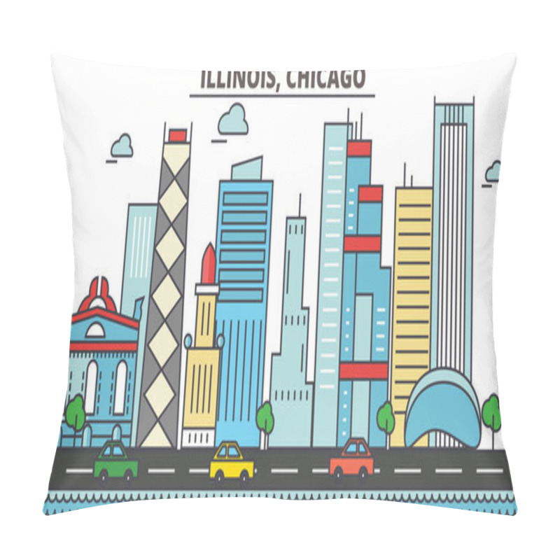 Personality  Chicago City Skyline: Architecture, Buildings, Streets, Silhouette, Landscape, Panorama, Landmarks. Editable Strokes. Flat Design Line Vector Illustration Concept. Isolated Icons On White Background Pillow Covers