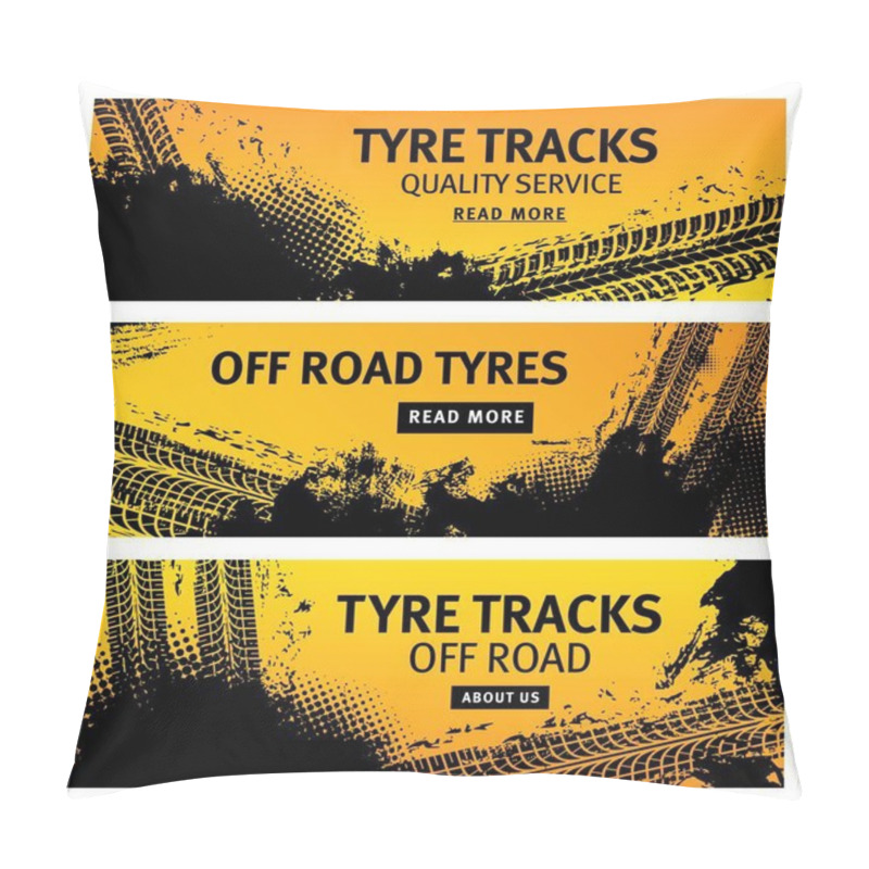 Personality  Tyre Tracks, Off Road Tire Prints, Grunge Vector Car Treads With Black Dotted Spots And Marks. Rally, Motocross Bike Protectors, Vehicle, Transportation Dirty Wheels Trace. Quality Service Banners Set Pillow Covers