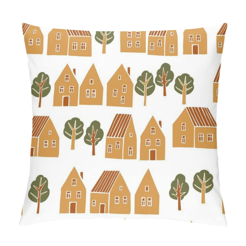 Personality  Hand Drawn Cute  Houses And Trees On White Background.  Vector  Seamless Pattern. Pillow Covers