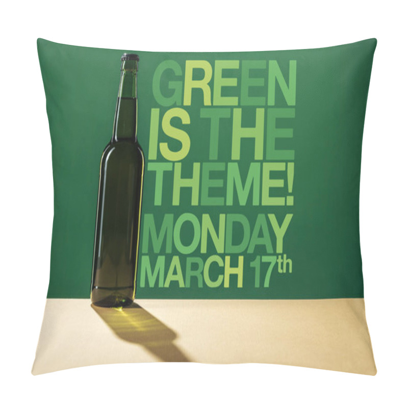 Personality  Glass Beer Bottle Near Green Is The Theme Lettering On Green Background Pillow Covers