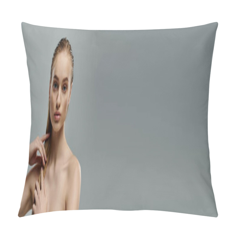 Personality  Attractive Woman With Long Hair Is Gently Touching Her Wet Hair. Pillow Covers