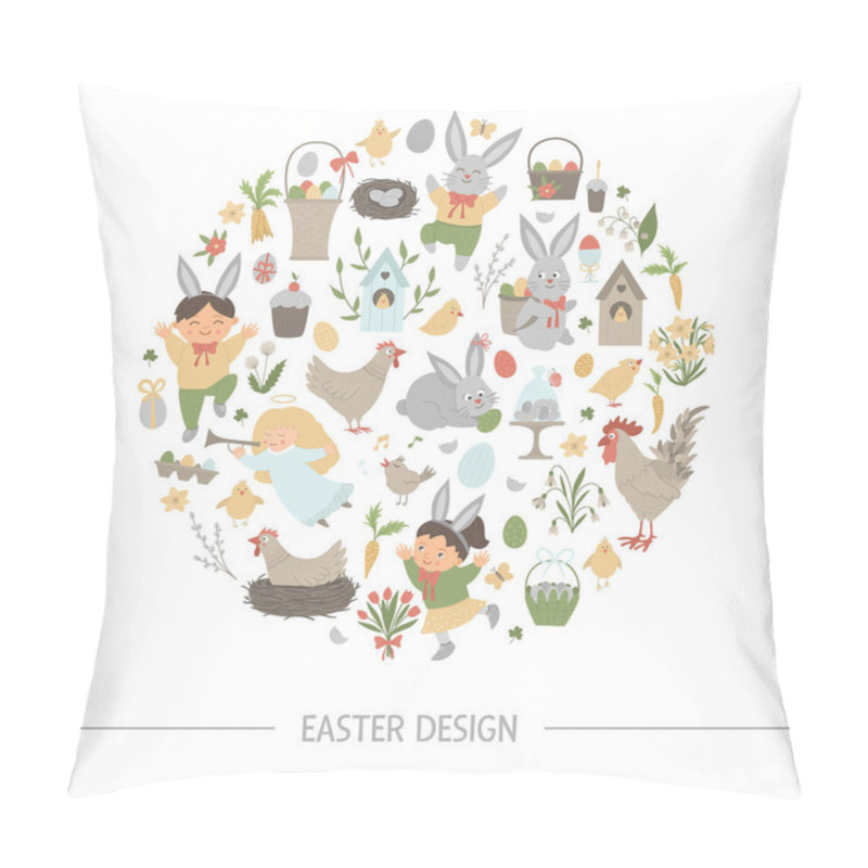 Personality  Vector Easter Round Frame With Bunny, Eggs And Happy Children Is Pillow Covers