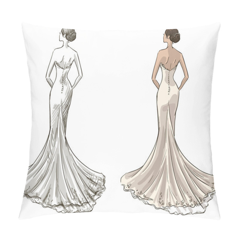 Personality  Bride. Beautiful Young Girl In A Wedding Dress. Long Dress With A Tail. Pillow Covers