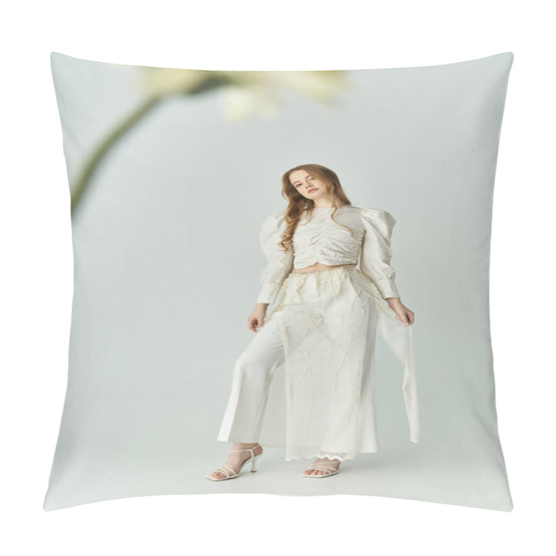 Personality  A Graceful Woman Stands Amidst Gentle Blossoms, Exuding Beauty And Elegance. Pillow Covers