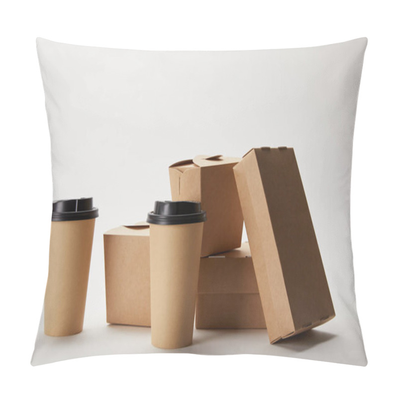 Personality  Disposable Coffee Cups And Cardboard Food Boxes On White Pillow Covers