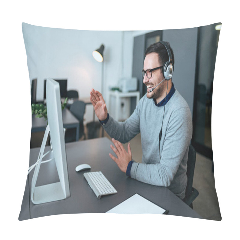 Personality  Handsome Support Service Agent Talking To Customer In Call Centre Pillow Covers