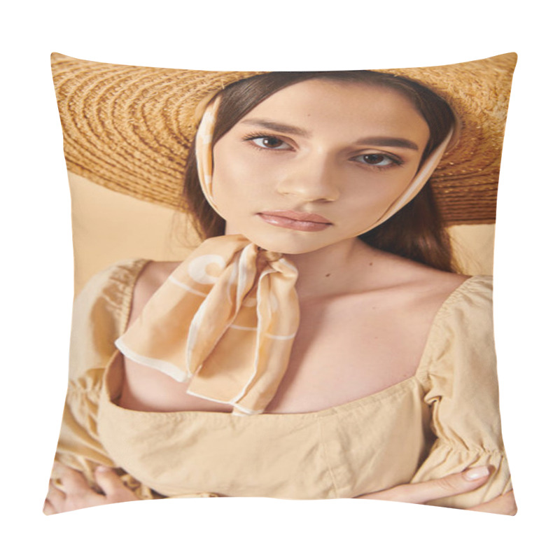 Personality  A Young Woman With Long Brunette Hair Striking A Pose In A Summer Outfit, Exuding A Warm, Summery Vibe With A Large Straw Hat. Pillow Covers