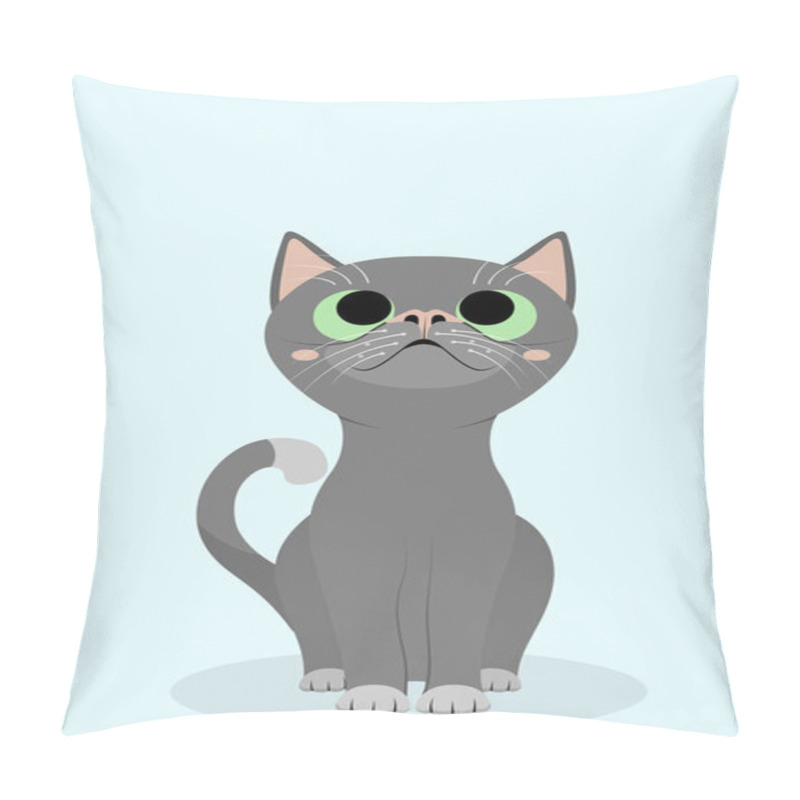 Personality  Cute gray cat with green eyes sitting and looking up. Cartoon animal character flat vector illustration. Adorable kitty art pillow covers