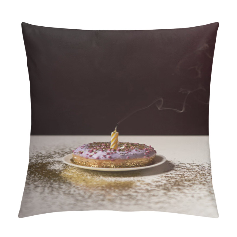 Personality  Candle In Middle Of Tasty Doughnut With Shiny Sparkles On White Table Isolated On Black Pillow Covers