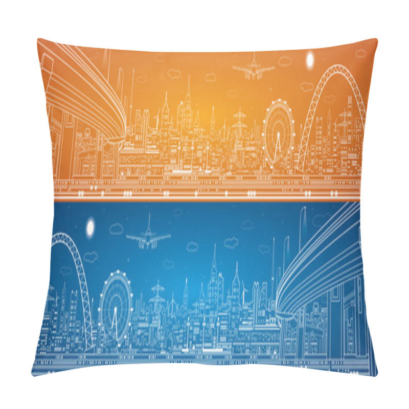 Personality  Vector Industrial Panorama, Vector Lines Technology Landscape, Night City Pillow Covers