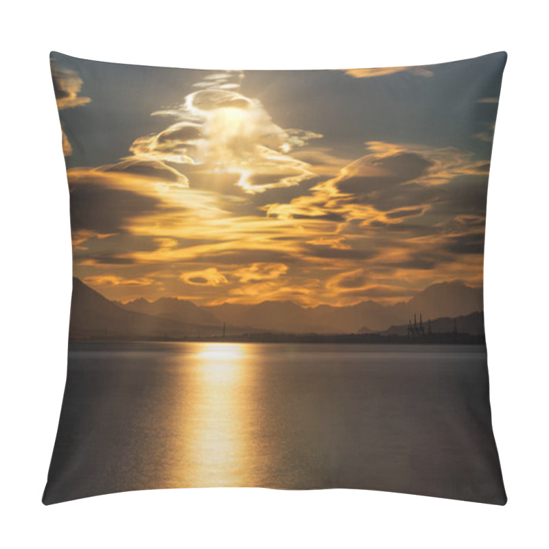 Personality  Vibrant Sunset Over Malaga Port And Coastline, With Golden Light Reflecting On Calm Waters, Dramatic Clouds, And Mountain Silhouettes In The Background. Pillow Covers