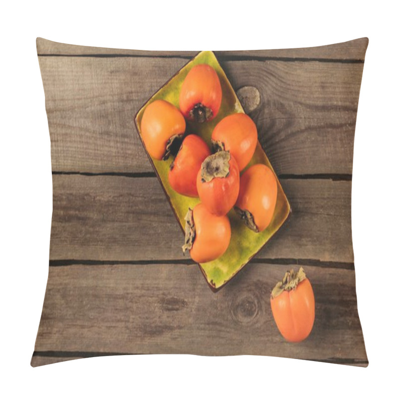 Personality  Top View Of Persimmons On Yellow Bowl On Striped Wooden Table Pillow Covers