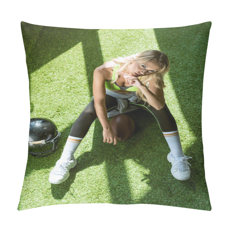 Personality  Overhead View Of Fit Young Woman Sitting On Green Grass With American Football Ball And Helmet Pillow Covers