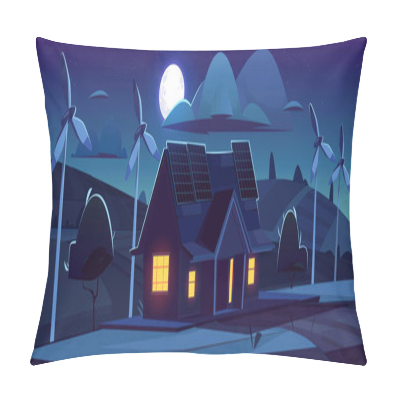 Personality  House With Solar Panels And Wind Turbines At Night Pillow Covers