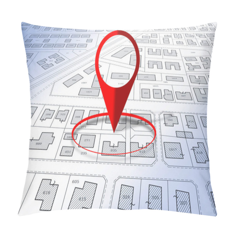 Personality  Building Activity With Red Location Pin Point Against An Imaginary General Urban Plan And Cadastral Map With Zoning Regulations, Urban Districts, Urban Destinations And Land Use - Real Estate Concept Pillow Covers