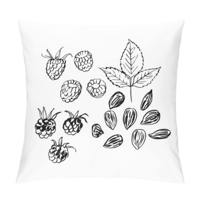 Personality  Berries. Raspberries, Blackberries, Almonds. Ink Sketch Of Food By Line On White Background. Pillow Covers