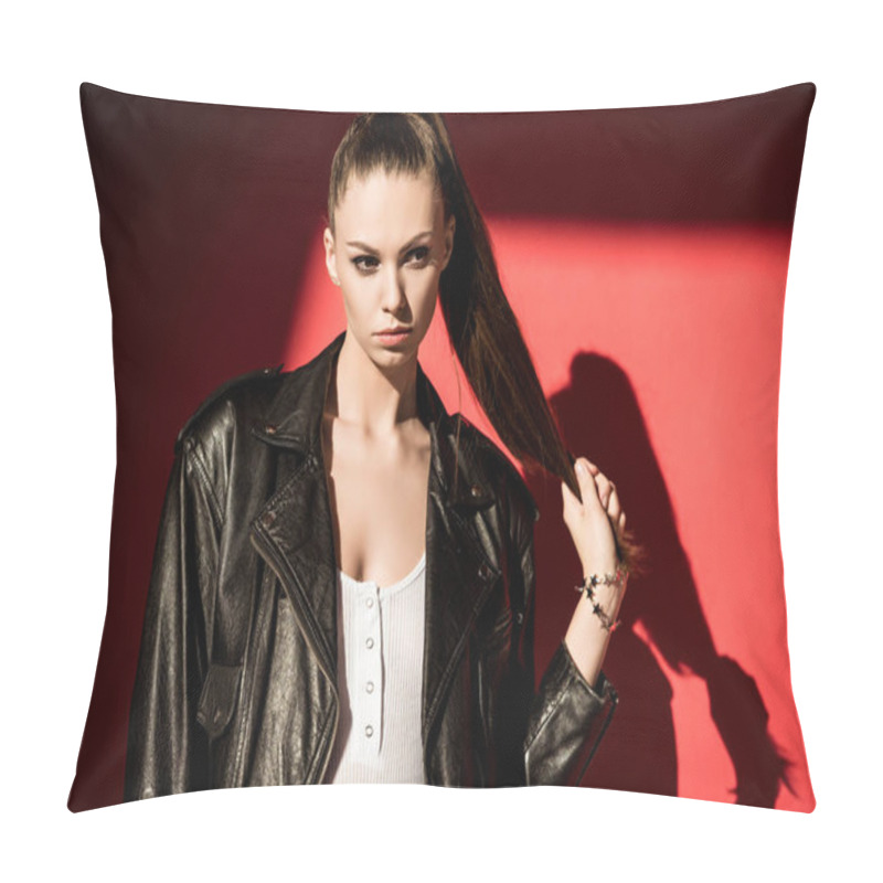 Personality  Stylish Girl With Ponytail Hairstyle Posing In Black Leather Jacket For Fashion Shoot   Pillow Covers