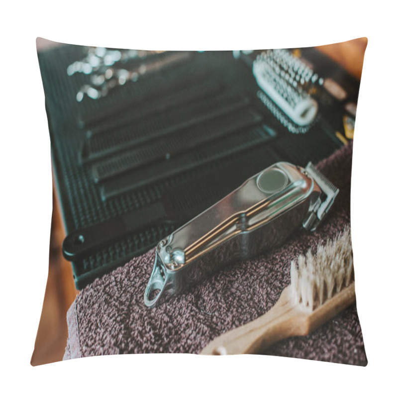 Personality  Selective Focus Of Hair Brushes Near Razor In Barbershop  Pillow Covers