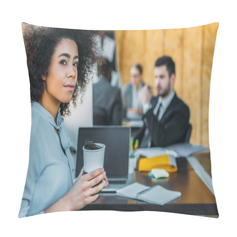 Personality  African American Businesswoman Holding Cup Of Coffee And Looking At Camera In Office Pillow Covers