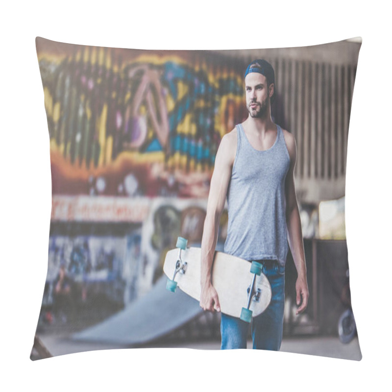 Personality  Young Man Skateboarder. Male Teenager With Longboard In Skatepark. Pillow Covers