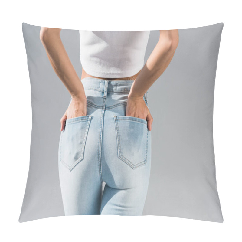 Personality  Cropped View Of Young Woman In Jeans With Hands In Pockets Isolated On Grey  Pillow Covers