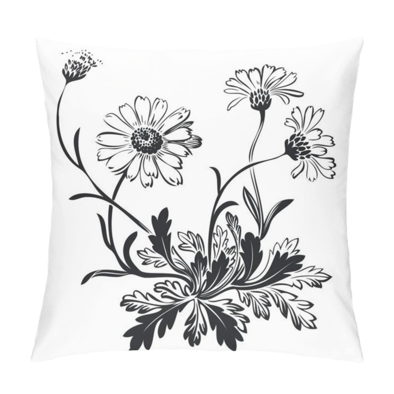 Personality  Hand Drawn Bouquet Of Chamomile Flowers Isolated On Black Background, Black And White Colors. Vector Illustration Pillow Covers