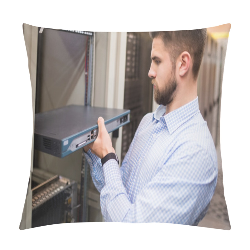 Personality  Technician Removing Server From Rack Pillow Covers