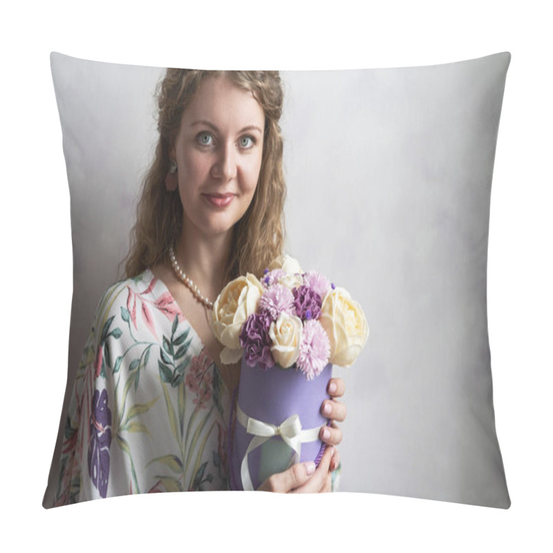 Personality  Beautiful Curly Girl Holds In Her Hands A Box With Flowers Of Roses And Peonies. Pillow Covers