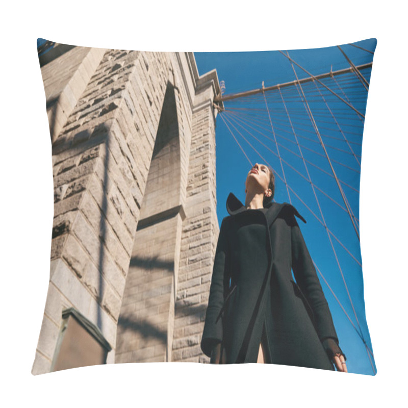 Personality  A Young Woman Dances Beneath The Brooklyn Bridge On A Sunny Day. Pillow Covers