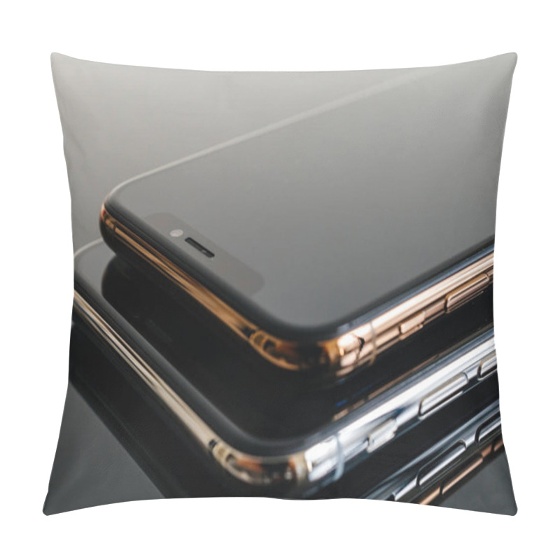 Personality  PARIS, FRANCE - SEP 25, 2018: One Above Another IPhone Xs And Xs Max Smartphone Model By Apple Computers Close Up Of Newest Golden Silver IPhone Mobile Phone Device On Modern Technology Background Pillow Covers