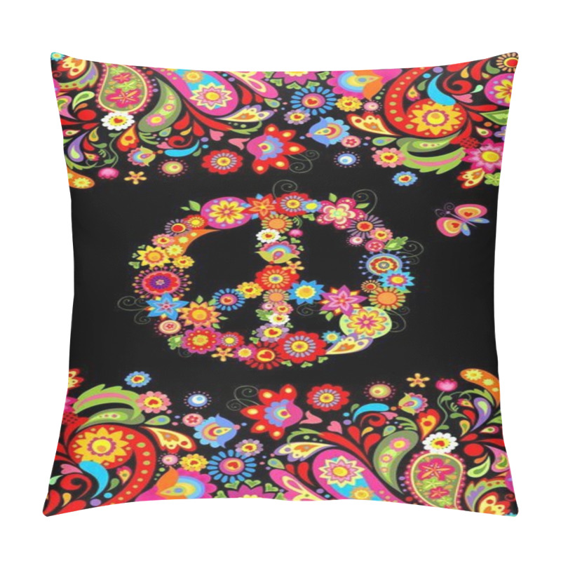 Personality  T Shirt Print On Black Background With Vivid Floral Decorative Seamless Border And Hippie Peace Flowers Symbol Pillow Covers