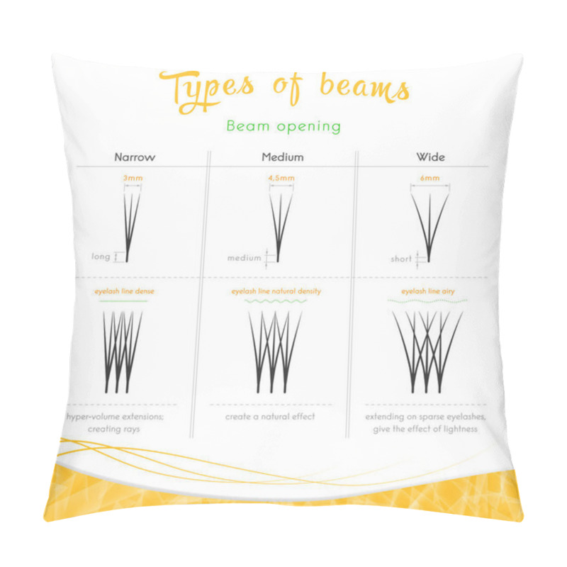 Personality  Types Of Opening Of The Beam Of Artificial Eyelashes, Narrow, Medium, Wide On A White Background Pillow Covers