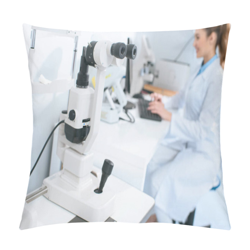 Personality  Selective Focus Of Optometrist Working With Computer In Clinic, Visual Field Test On Foreground Pillow Covers