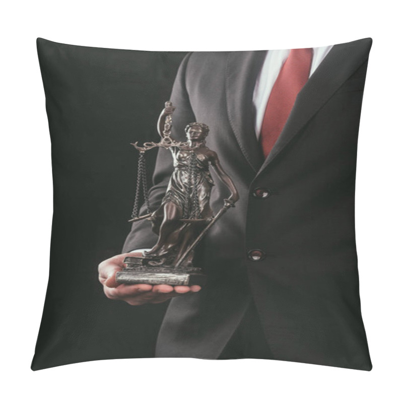 Personality  Cropped Shot Of Lawyer Holding Themis Sculpture Isolated On Black Pillow Covers