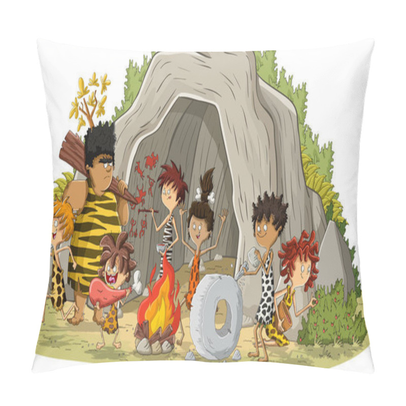 Personality  Group Of Cartoon Cavemen In Front Of A Cave. Stone Age People. Pillow Covers