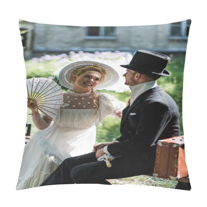 Personality  Happy Victorian Woman Holding Fan While Sitting With Handsome Man On Bench  Pillow Covers