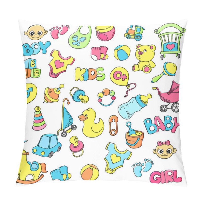 Personality  Vector Hand Drawn Set Of Newborn Baby Care Cartoon Doodle Objects And Items. Pillow Covers