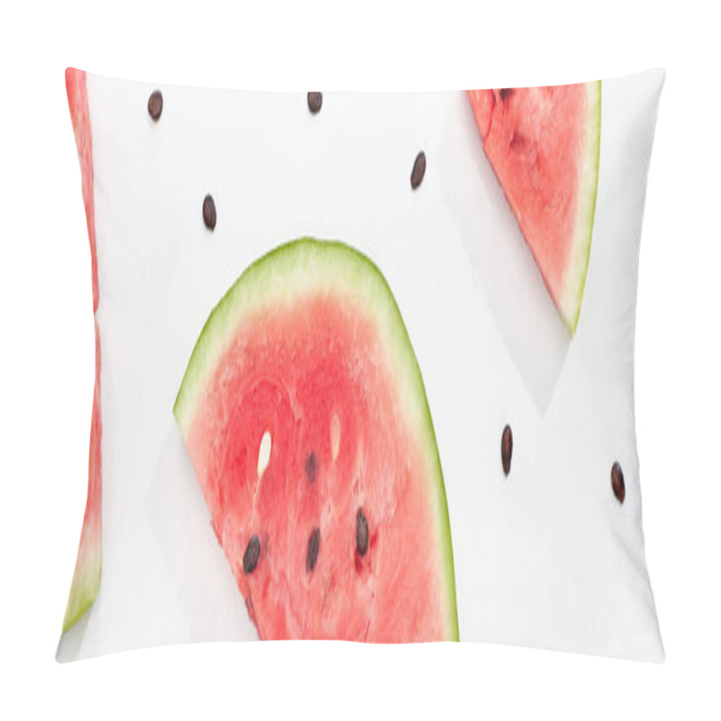 Personality  Panoramic Shot Of Delicious Watermelon Slices On White Background Pillow Covers