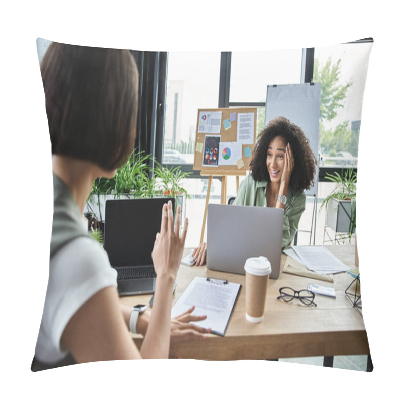 Personality  Two Women, Working Together In An Office, Share A Laugh. Pillow Covers