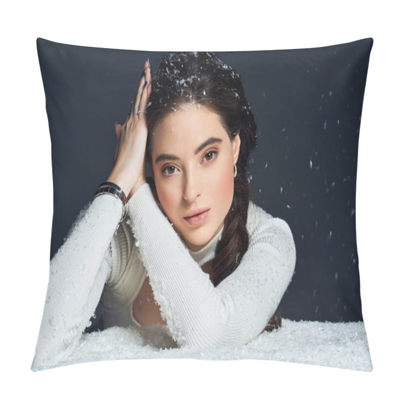 Personality  A Beautiful Woman Relaxes With Snow Gently Falling Around Her, Creating A Serene Winter Ambiance. Pillow Covers