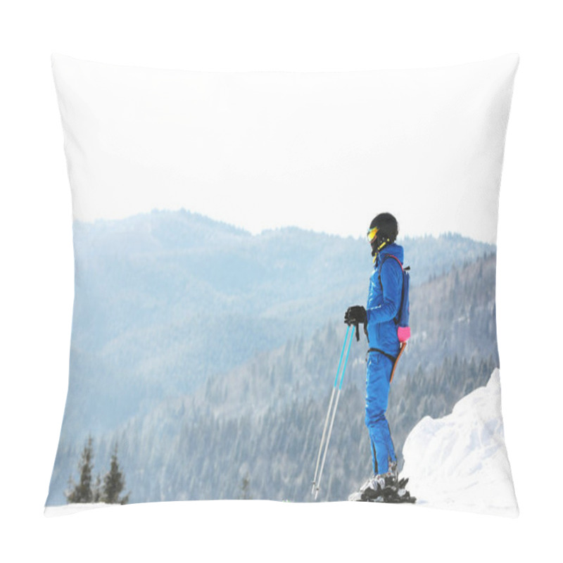 Personality  Man Skiing On Snowy Hill In Mountains, Space For Text. Winter Vacation Pillow Covers