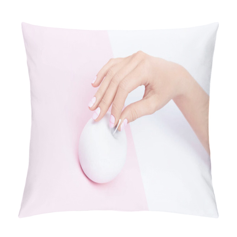 Personality  Woman Hand With Pink Pastel Nails And Apple Pillow Covers