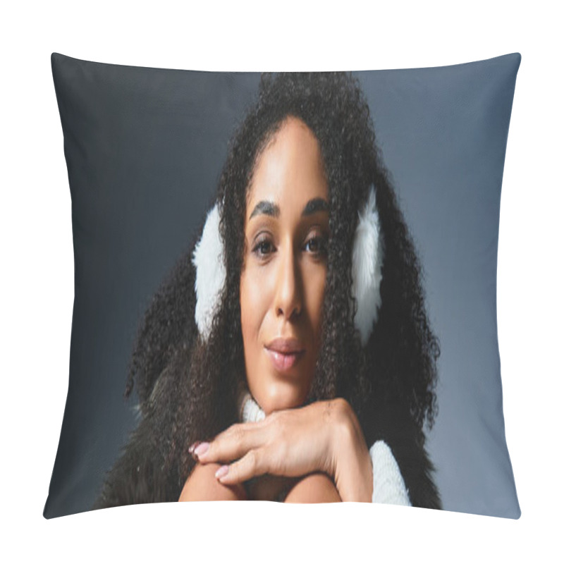 Personality  A Beautiful Brunette Woman Wears Earmuffs And A Faux Fur Jacket, Embodying Winter Fashion Trends In A Studio. Pillow Covers