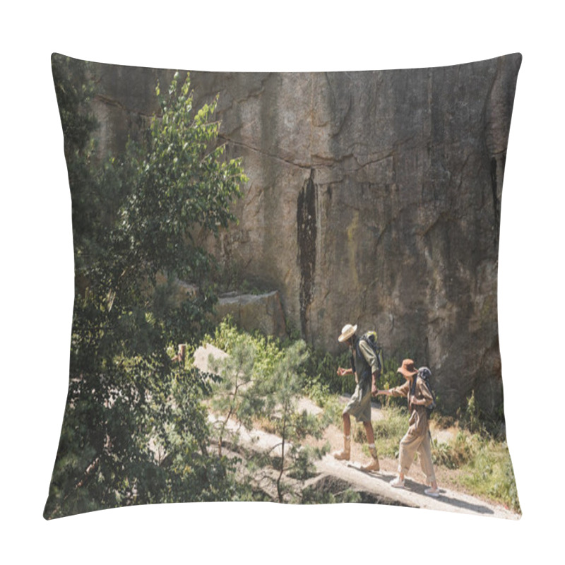 Personality  Side View Of African American Traveler Holding Hand Of Senior Wife While Walking Near Cliff  Pillow Covers